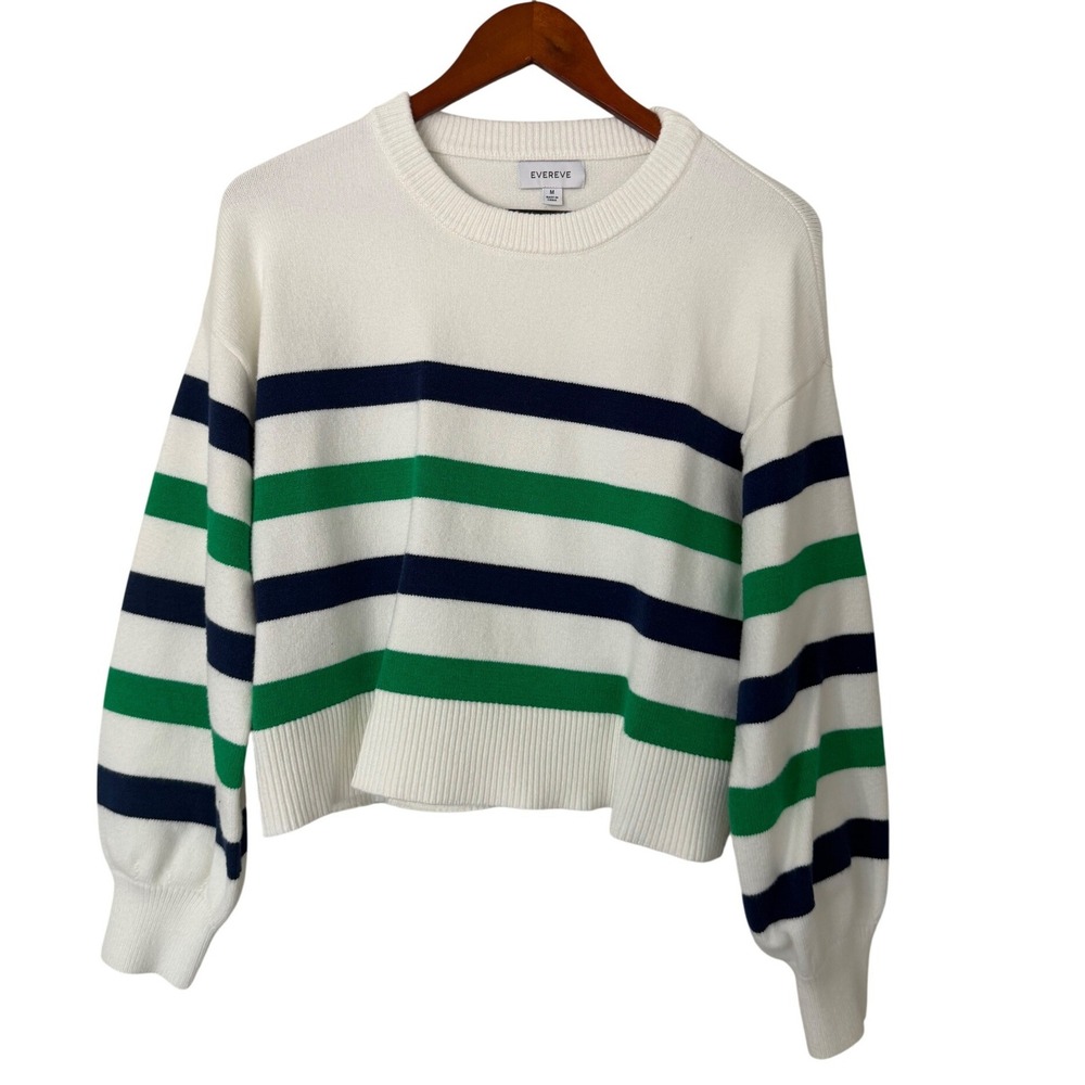 Evereve Womens M Striped Cropped Crewneck Sweater White Green Navy EVSP26SW28